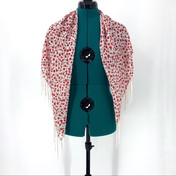 Square Fringed Scarf with All Over Cherry Pattern - Picture 2 of 12